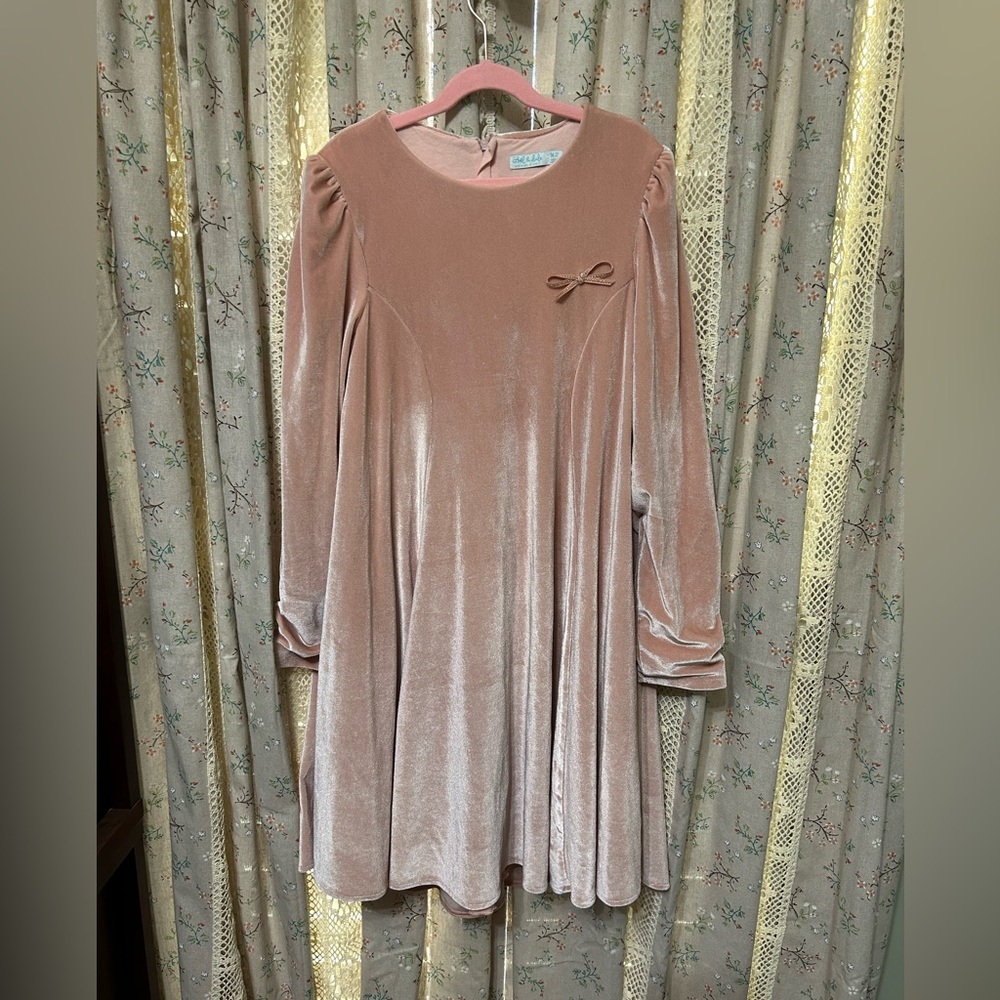 Abel & Lula Bow Embellished Lined Rose Velvet Swing Dress Girl’s Size 14
